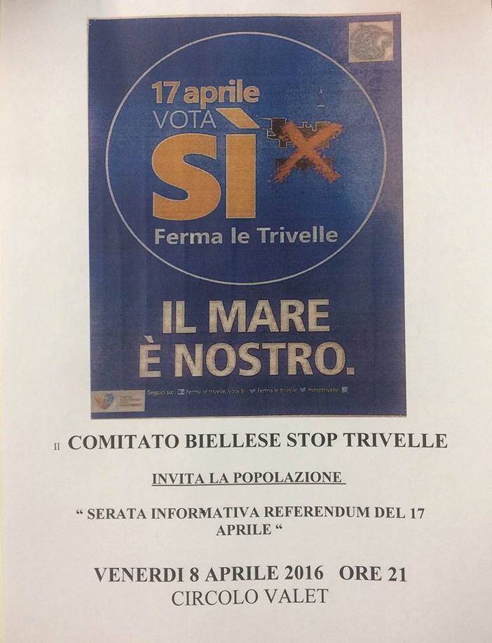 Referendum, Comitato biellese Stop Trivelle organizza serata informativa Referendum, Comitato biellese Stop Trivelle organizza serata informativa