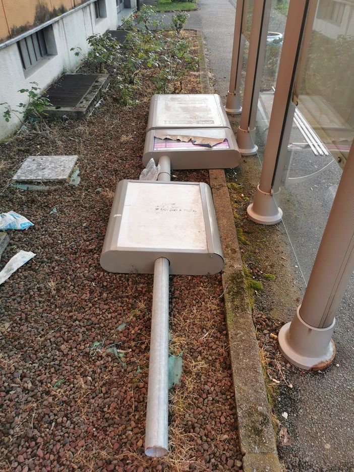 Palina autobus crollata e abbandonata a Biella, la segnalazione di un lettore