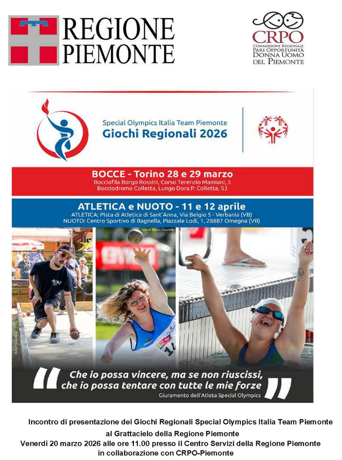 In Piemonte i Giochi Regionali Special Olympics: 370 atleti verso i Giochi Nazionali di Lignano Sabbiadoro In Piemonte i Giochi Regionali Special Olympics: 370 atleti verso i Giochi Nazionali di Lignano Sabbiadoro