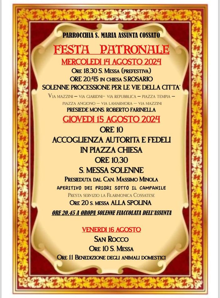 Festa patronale a Cossato: due giorni di celebrazioni.