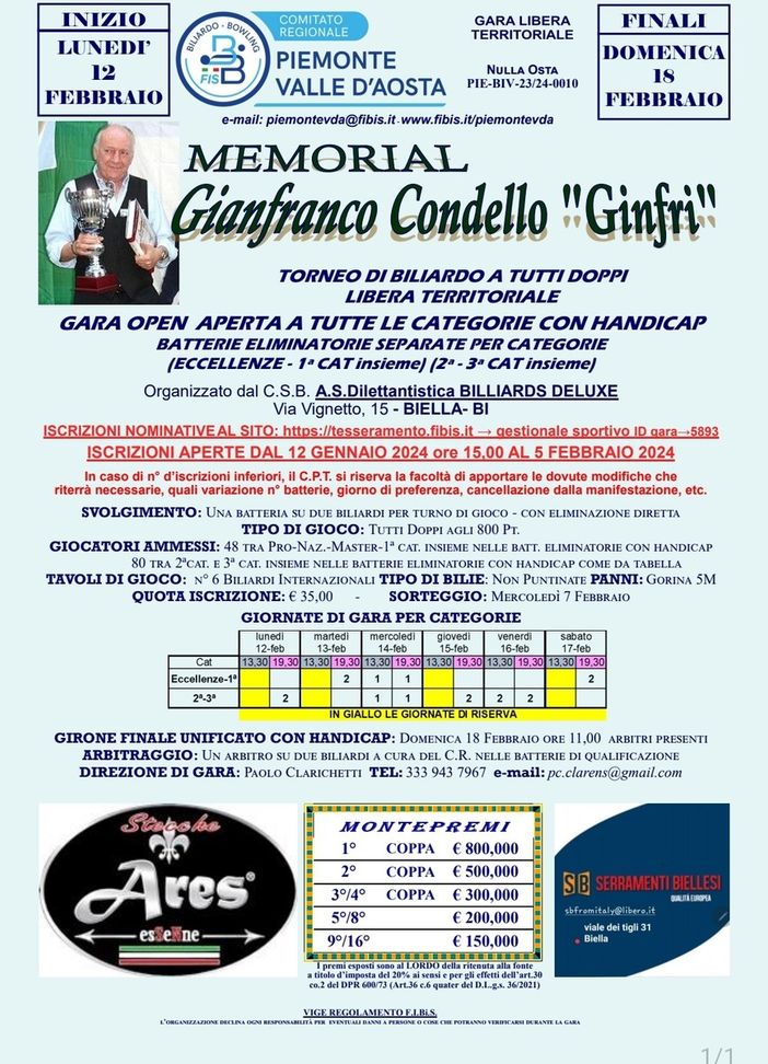 A Biella giocatori di biliardo da tutta Italia per il Memorial Gianfranco Condello "Ginfri"