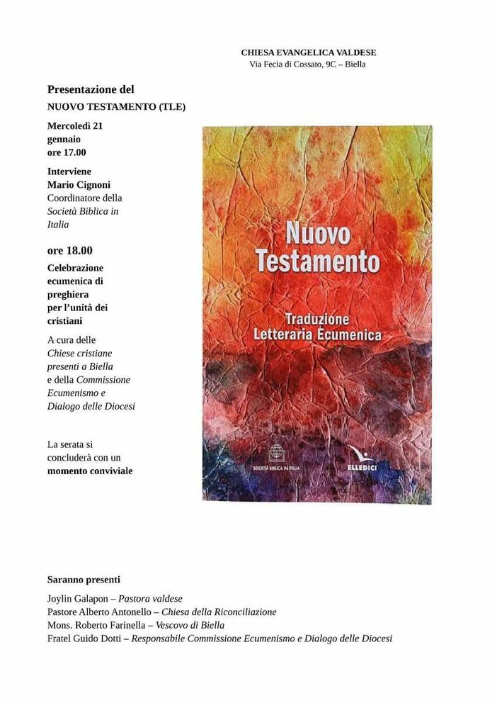 A Biella la presentazione del Nuovo Testamento TLE alla Chiesa Evangelica Valdese