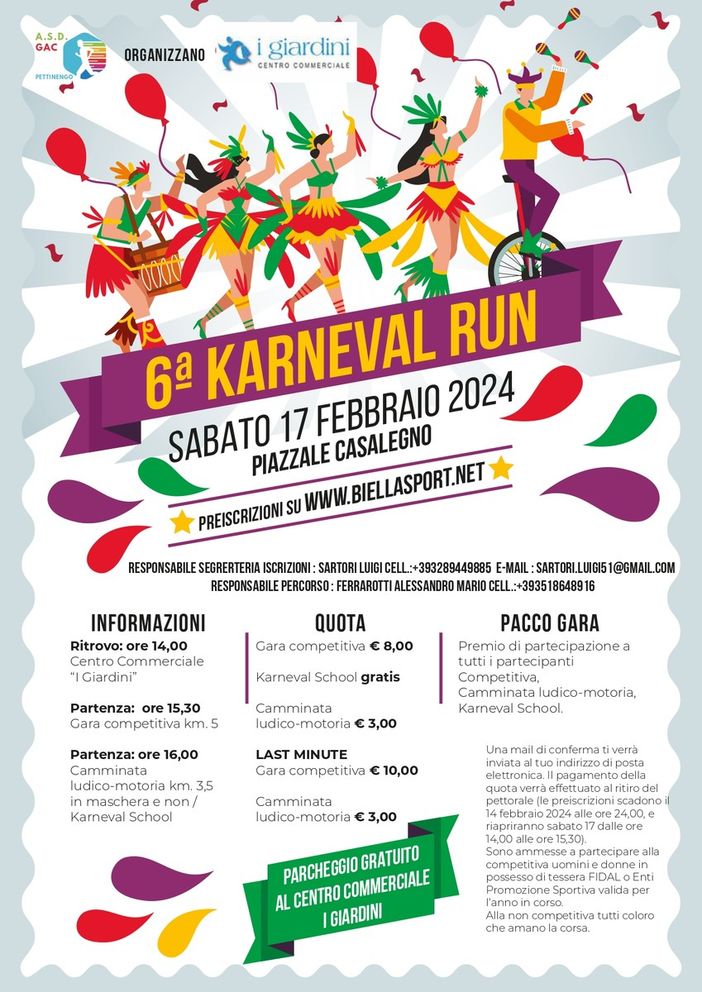 Karneval Run, festa e sport nel cuore del Biella: a febbraio la 6a edizione.