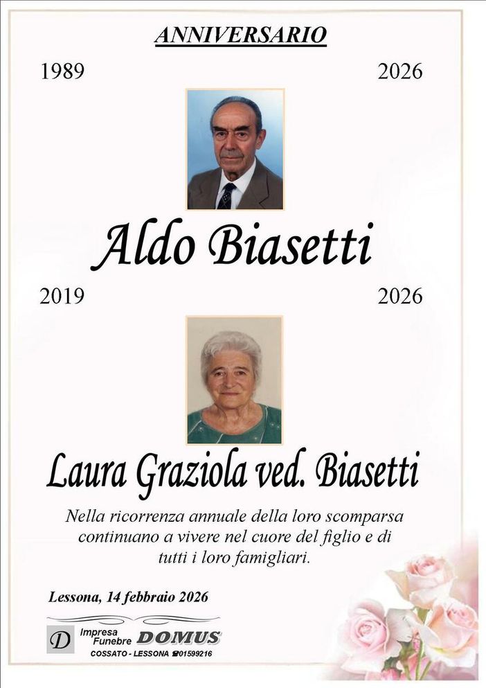 Aldo Biasetti e Laura Graziola ved. Biasetti, anniversario