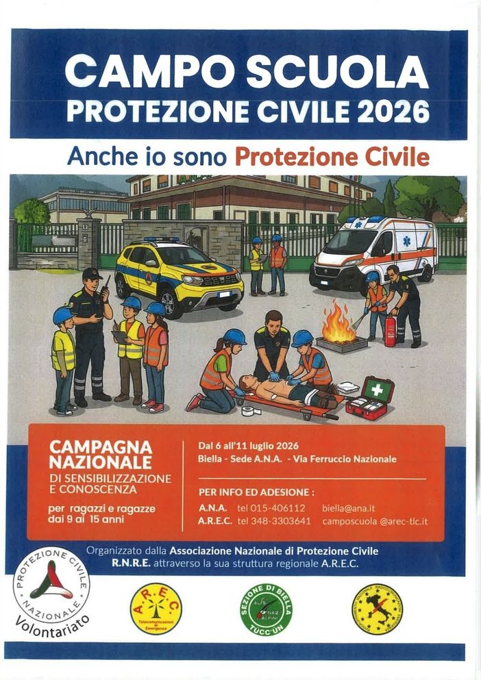 Biella, al via il Campo Scuola della Protezione Civile 2026: sei giorni di formazione e cittadinanza attiva per i più giovani Biella, al via il Campo Scuola della Protezione Civile 2026: sei giorni di formazione e cittadinanza attiva per i più giovani