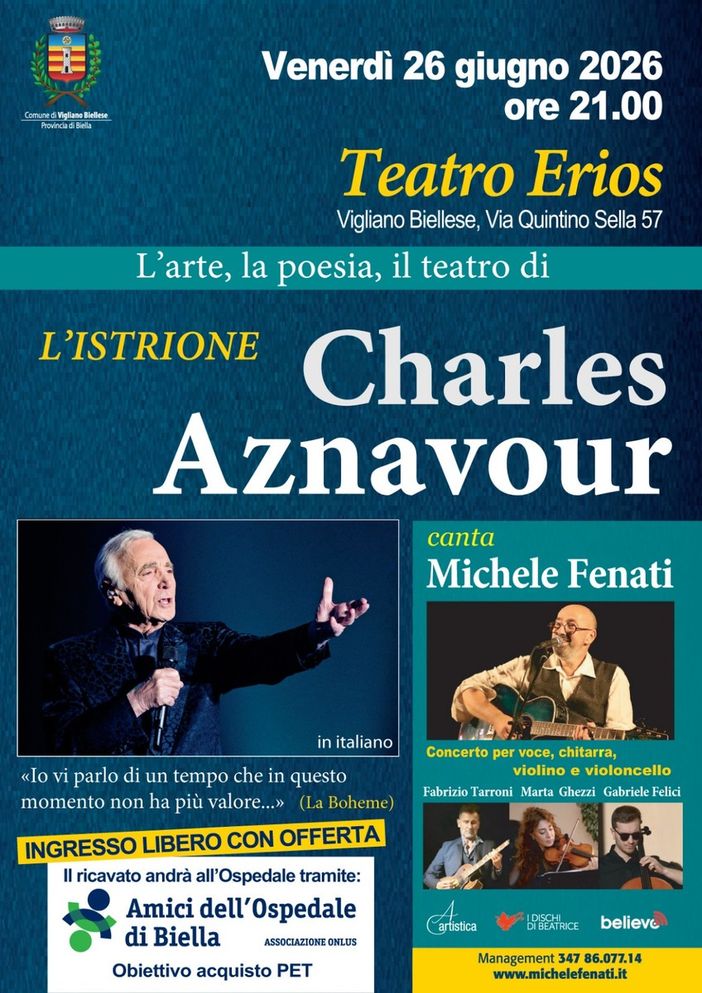 Al teatro Erios, l’arte, la poesia, il teatro di Charles Aznavour. Obiettivo: acquisto PET per l’Ospedale di Biella