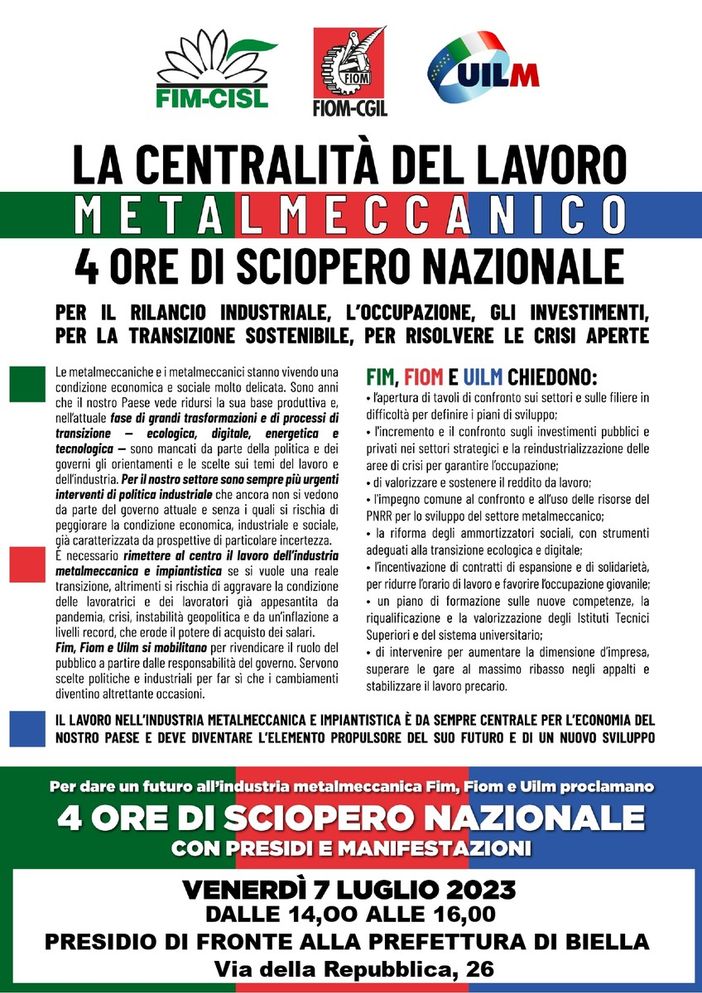 Sciopero nazionale dei metalmeccanici, domani sindacati in piazza a Biella