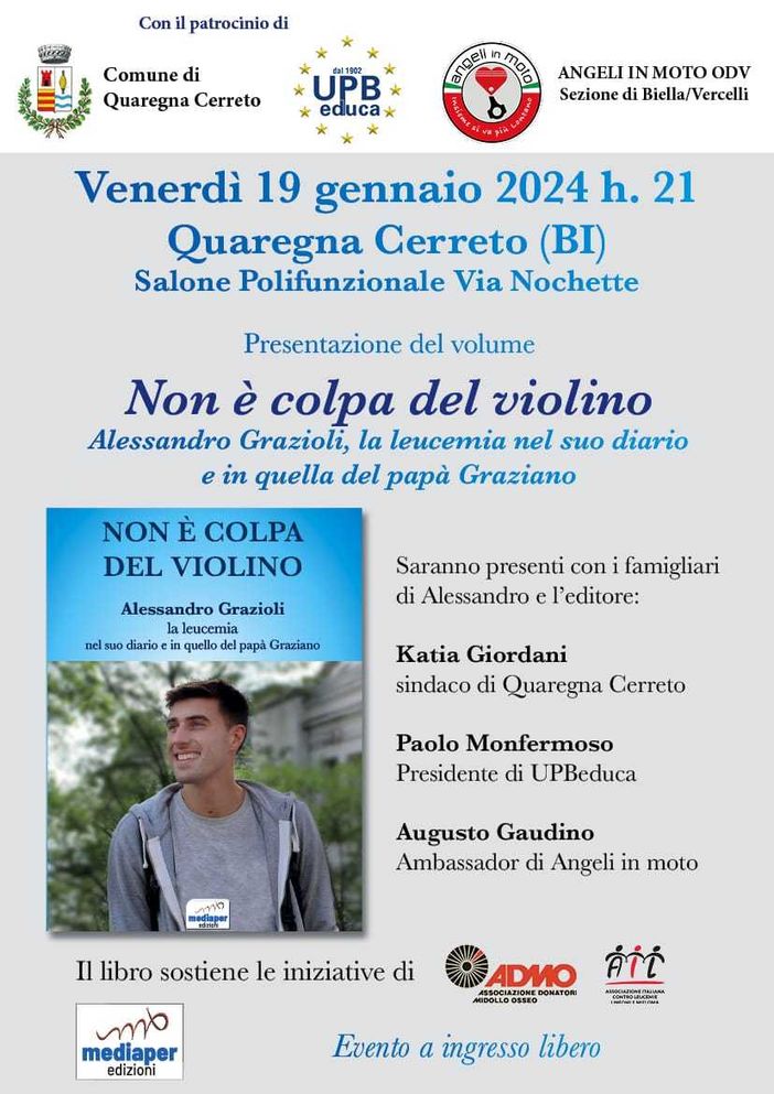 "Non è colpa del violino", la commovente storia di Alessandro sarà raccontata a Quaregna Cerreto