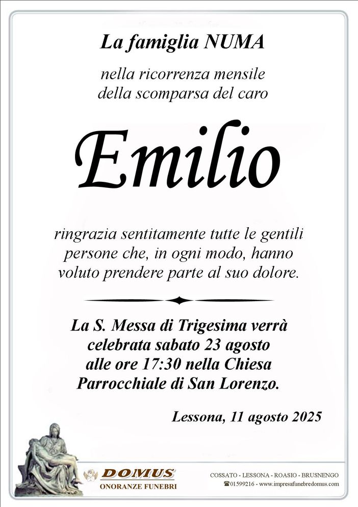 Emilio Numa, trigesima