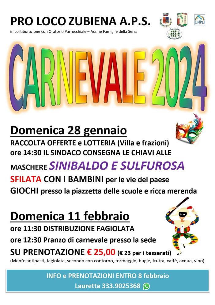 Zubiena presenta il Carnevale 2024: giochi, sfilate in maschera e la lotteria.