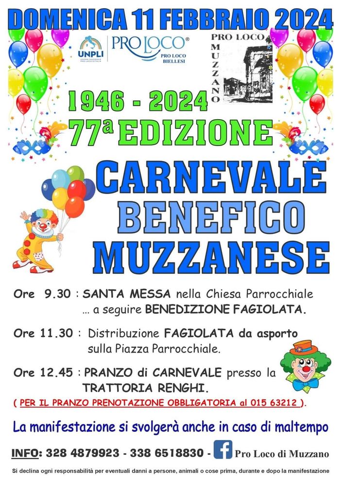 A Muzzano il Carnevale Benefico: il programma della 77° edizione.