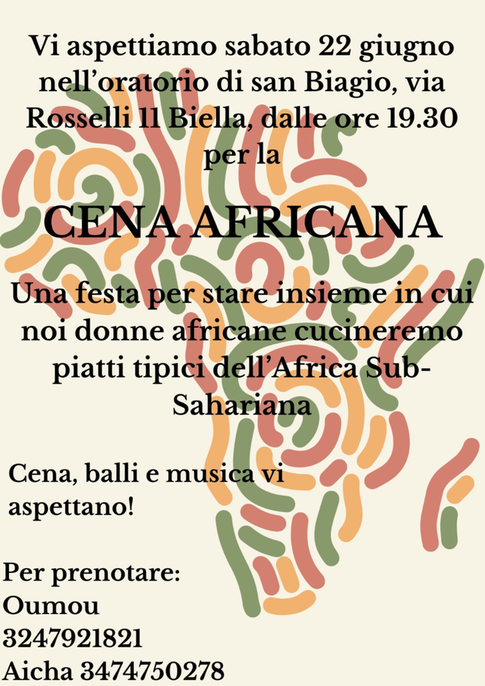 A Biella la Cena africana: musica, tradizione e cultura. A Biella la Cena africana: musica, tradizione e cultura.