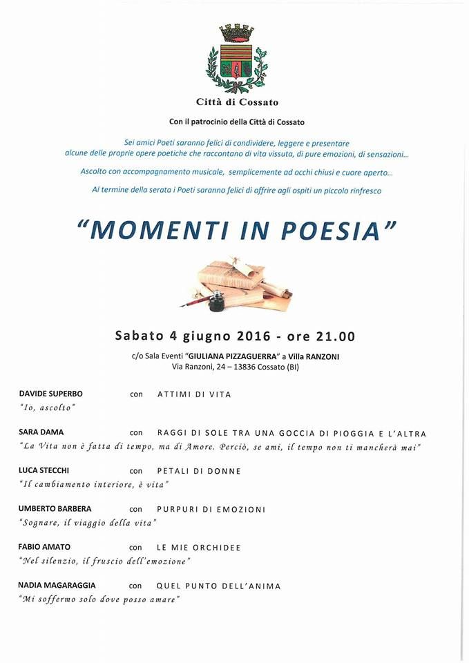 Cossato: Sabato 4 giugno il territorio in "Momenti in Poesia"