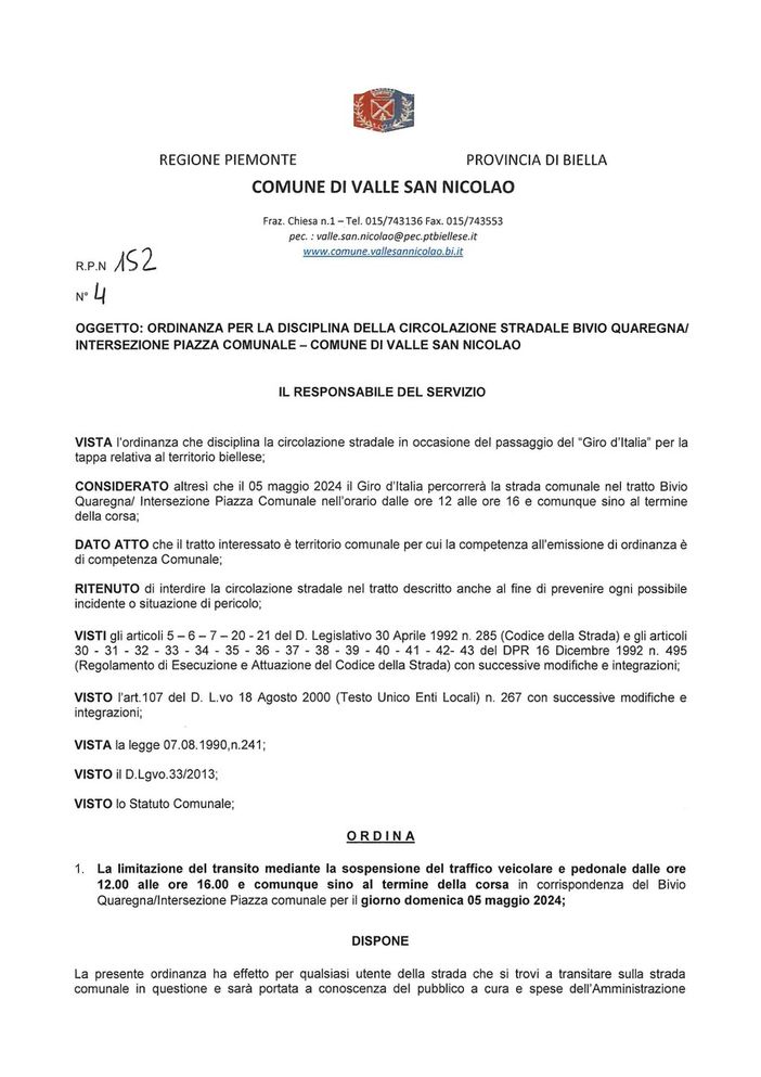 Giro d'Italia, come cambia la viabilità a Valle San Nicolao domenica 5 maggio