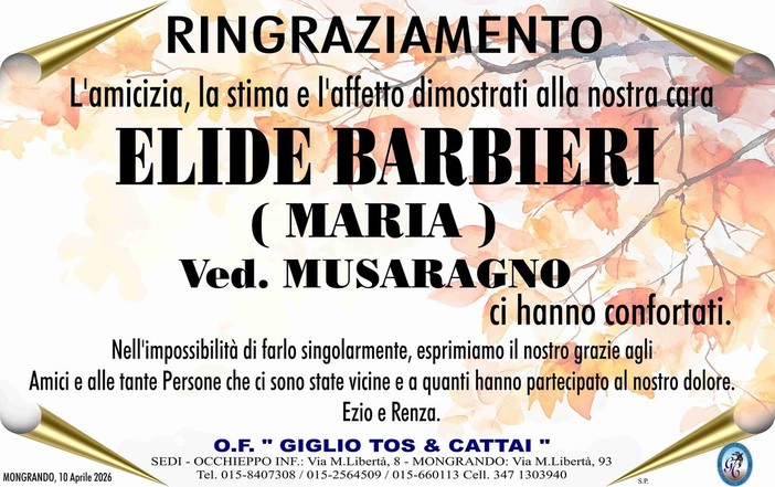 Elide Barbieri (Maria), ved. Musaragno, ringraziamento