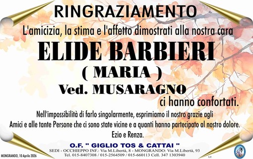 Elide Barbieri (Maria), ved. Musaragno, ringraziamento