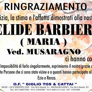 Elide Barbieri (Maria), ved. Musaragno, ringraziamento