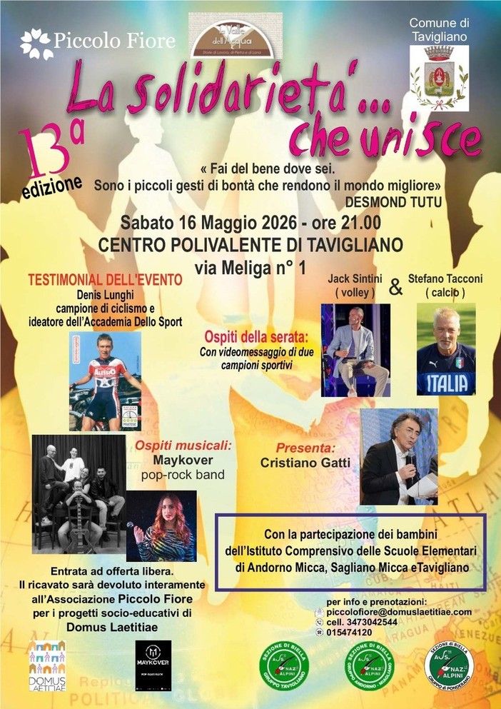 A Tavigliano Lughi, Sintini e Tacconi alla 13ª edizione de “La solidarietà… che unisce” A Tavigliano Lughi, Sintini e Tacconi alla 13ª edizione de “La solidarietà… che unisce”