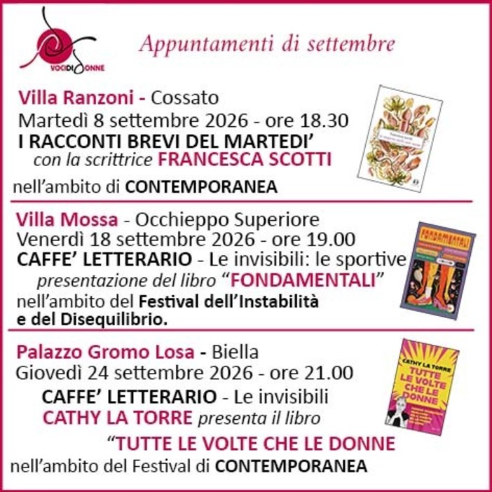 VocidiDONNE, letteratura e incontri: tre appuntamenti a settembre VocidiDONNE, letteratura e incontri: tre appuntamenti a settembre