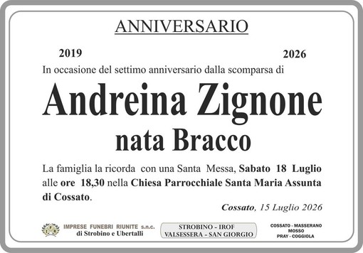 Andreina Zignone nata Bracco, anniversario Andreina Zignone nata Bracco, anniversario