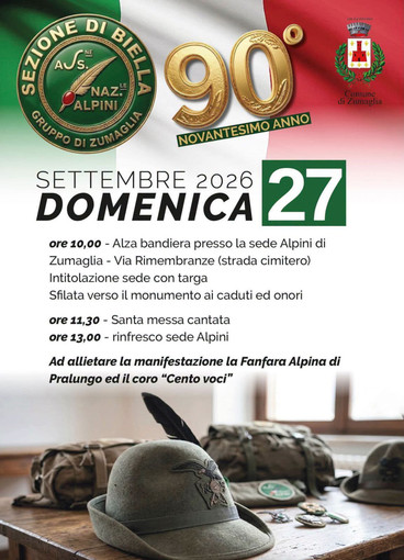 Zumaglia, il Gruppo Alpini celebra 90 anni: domenica la cerimonia Zumaglia, il Gruppo Alpini celebra 90 anni: domenica la cerimonia