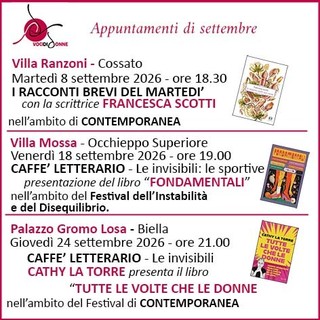 VocidiDONNE, letteratura e incontri: tre appuntamenti a settembre