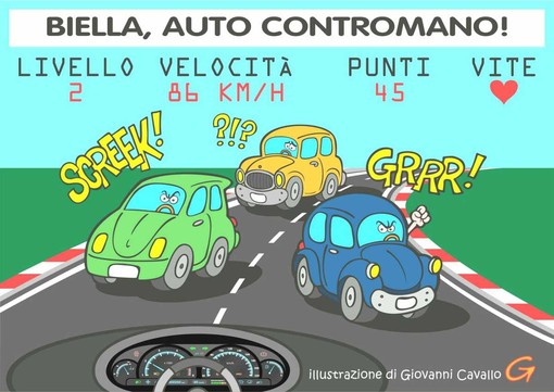 Auto contromano: arriva da Biella il nuovo simulatore di guida - Illustrazione di Giovanni Cavallo.