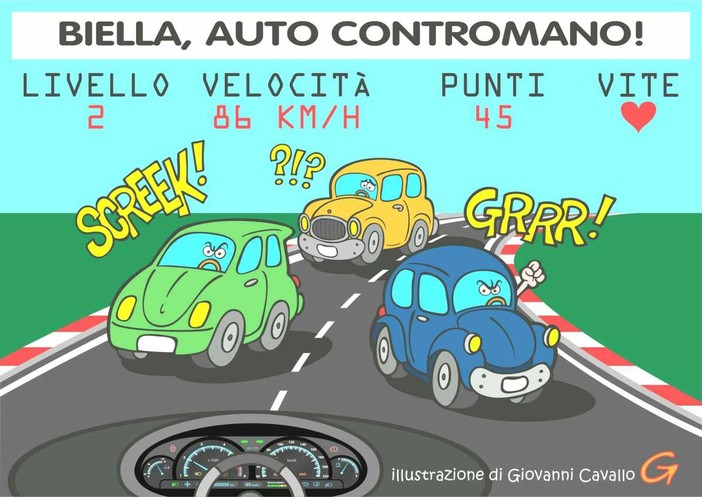 Auto contromano: arriva da Biella il nuovo simulatore di guida - Illustrazione di Giovanni Cavallo. Auto contromano: arriva da Biella il nuovo simulatore di guida - Illustrazione di Giovanni Cavallo.