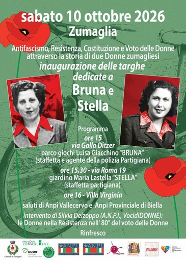 ANPI, a Zumaglia si inaugurano due targhe dedicate alle staffette partigiane Bruna e Stella ANPI, a Zumaglia si inaugurano due targhe dedicate alle staffette partigiane Bruna e Stella
