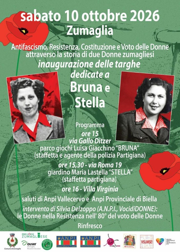 ANPI, a Zumaglia si inaugurano due targhe dedicate alle staffette partigiane Bruna e Stella ANPI, a Zumaglia si inaugurano due targhe dedicate alle staffette partigiane Bruna e Stella