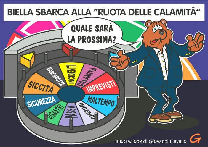 A Biella siccità, incendi e nubifragi: la ruota della fortuna è una roulette russa - Illustrazione di Giovanni Cavallo A Biella siccità, incendi e nubifragi: la ruota della fortuna è una roulette russa - Illustrazione di Giovanni Cavallo