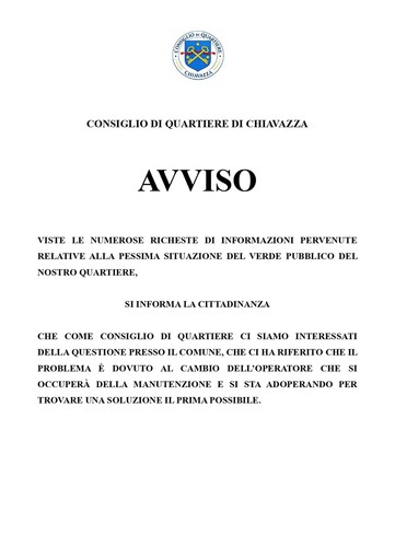 Verde pubblico a Chiavazza, il Consiglio di Quartiere: “Situazione al centro della nostra attenzione”