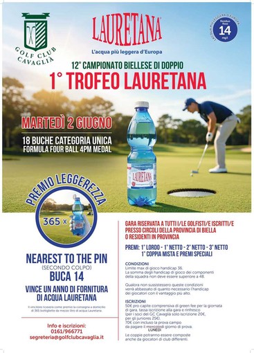 Golf: Martedì 2 giugno a Cavaglià il Campionato Biellese di doppio Trofeo Lauretana