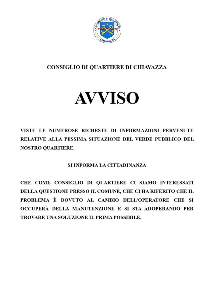 Verde pubblico a Chiavazza, il Consiglio di Quartiere: “Situazione al centro della nostra attenzione”