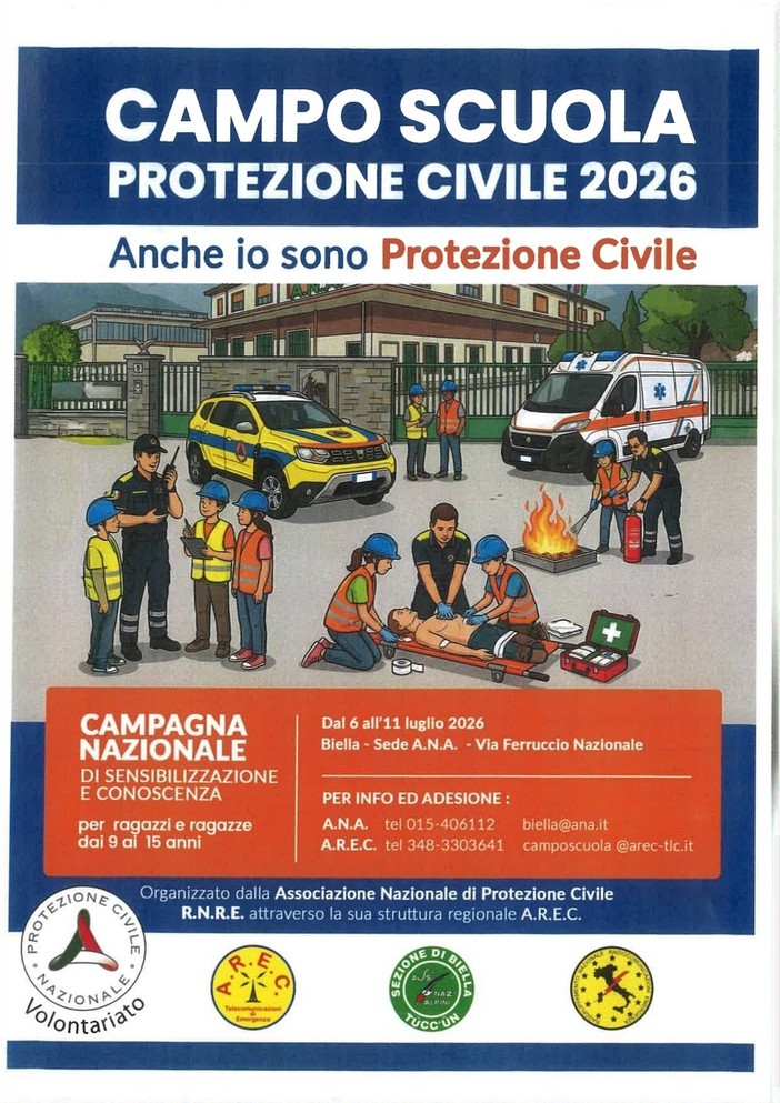 Biella, al via il Campo Scuola della Protezione Civile 2026: sei giorni di formazione e cittadinanza attiva per i più giovani Biella, al via il Campo Scuola della Protezione Civile 2026: sei giorni di formazione e cittadinanza attiva per i più giovani