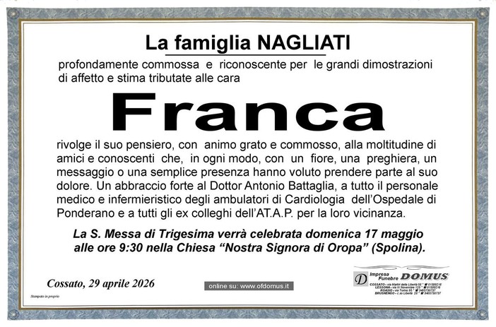 Franca Cesone, ringraziamento