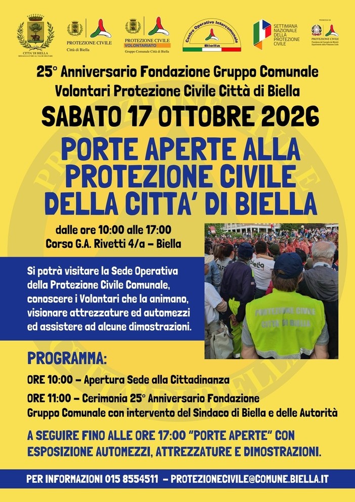 Biella, cerimonia e porte aperte per il 25° anniversario di fondazione del gruppo comunale dei volontari di Protezione Civile della Città Biella, cerimonia e porte aperte per il 25° anniversario di fondazione del gruppo comunale dei volontari di Protezione Civile della Città