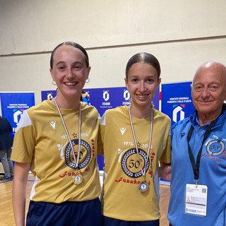 Martina Ciliesa e Greta Bagatin con il Maestro Benemerito Damiano Rovatti al termine delle gare al PalaMaggiore di Leinì