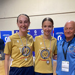 Martina Ciliesa e Greta Bagatin con il Maestro Benemerito Damiano Rovatti al termine delle gare al PalaMaggiore di Leinì