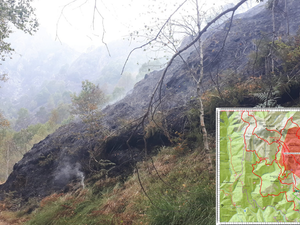 Un'immagine dell'incendio in Valsessera, sopra la mappa dell'avviso emanato dal Comune di Coggiola. Un'immagine dell'incendio in Valsessera, sopra la mappa dell'avviso emanato dal Comune di Coggiola.