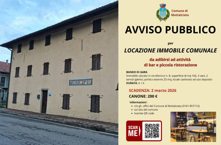 Mottalciata, immobile comunale in affitto per bar: domande entro il 2 marzo