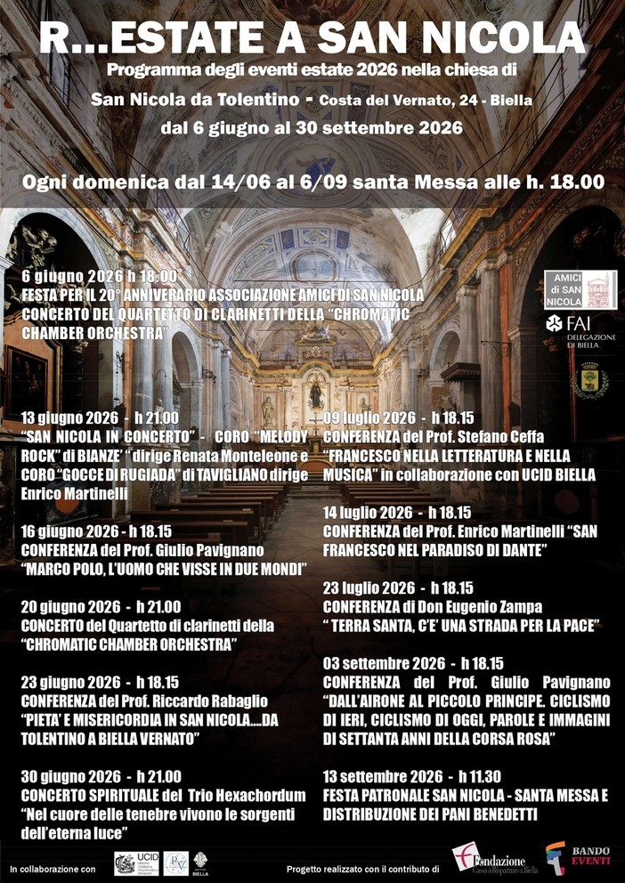 "R…Estate a San Nicola" 2026: a Biella concerti, conferenze ed eventi al Vernato
