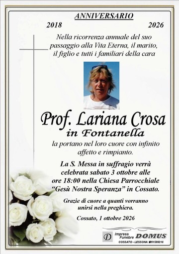 Prof. Lariana Crosa in Fontanella - Anniversario
