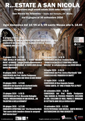 "R…Estate a San Nicola" 2026: a Biella concerti, conferenze ed eventi al Vernato "R…Estate a San Nicola" 2026: a Biella concerti, conferenze ed eventi al Vernato