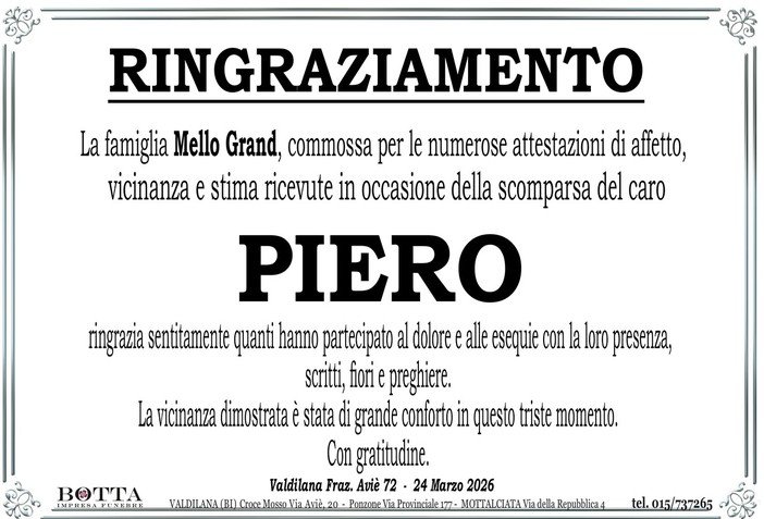 Piero Mello Grand, ringraziamento