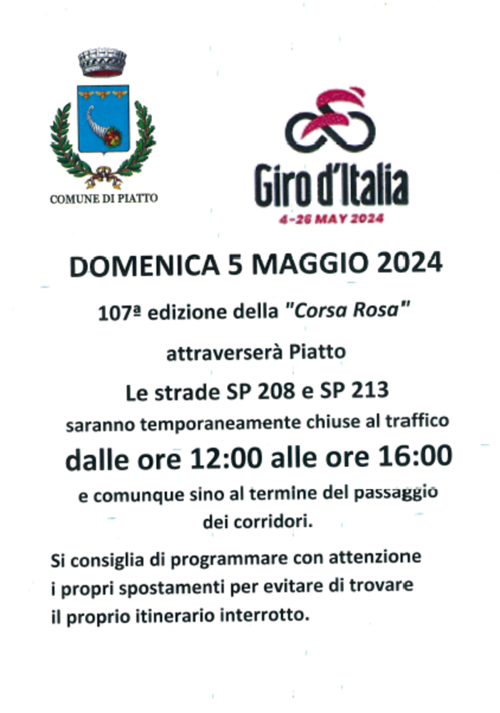 Giro d'Italia, come cambia la viabilità a Piatto domenica 5 maggio