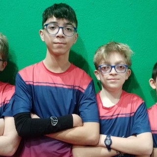 La giovanissima formazione di D3 del TT Biella - Reale Mutua Pelle &amp; Bagolin, che ha conquistato la promozione in D2 (da sinistra: Lorenzo Piemonese, Jacopo Siciliano, Davide Ronsisvalle e Daniele Milanesi)