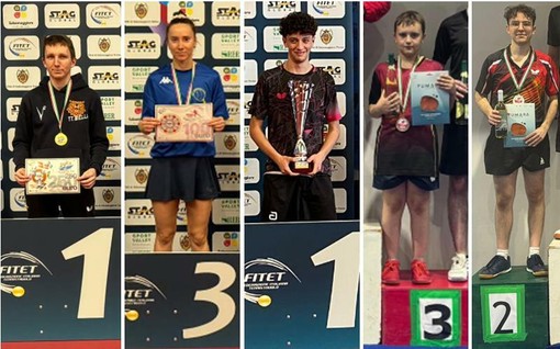 Atleti del TT Biella in grandissimo spolvero nei tornei di Pasqua. Da sinistra: Sergei Mokropolov, primo nell’Over 3 di Salsomaggiore; Sonia Ivanova, terza nell’Over 2 di Salsomaggiore; Giacomo Forno, in rappresentanza del TT Biella, primo posto a Salsomaggiore nella classifica per società; Giacomo Riva, terzo nell’Over 7 di Cortemaggiore; David Dabbicco, secondo nell’Over 3 di Cortemaggiore.