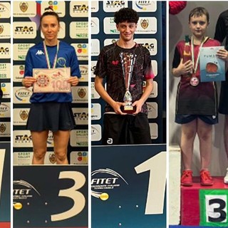 Atleti del TT Biella in grandissimo spolvero nei tornei di Pasqua. Da sinistra: Sergei Mokropolov, primo nell’Over 3 di Salsomaggiore; Sonia Ivanova, terza nell’Over 2 di Salsomaggiore; Giacomo Forno, in rappresentanza del TT Biella, primo posto a Salsomaggiore nella classifica per società; Giacomo Riva, terzo nell’Over 7 di Cortemaggiore; David Dabbicco, secondo nell’Over 3 di Cortemaggiore.