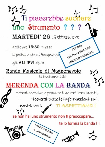 Vergnasco, ti piacerebbe suonare uno strumento? Il 26 settembre “Merenda con la Banda”.